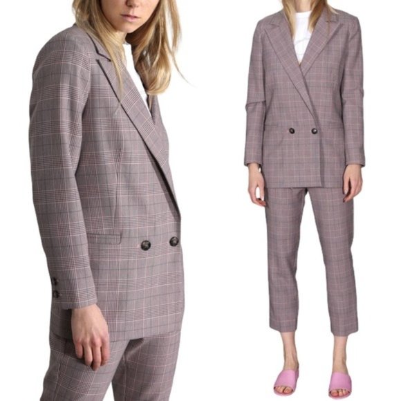 Ganni Jackets & Blazers - Ganni Hewitt Plaid Double Breasted Pink Silver Gray Blazer Jacket Size L/40